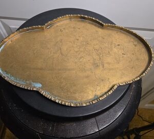 19th Century Engraved Brass Chinoiserie Man And Woman Bronze Brass Tray